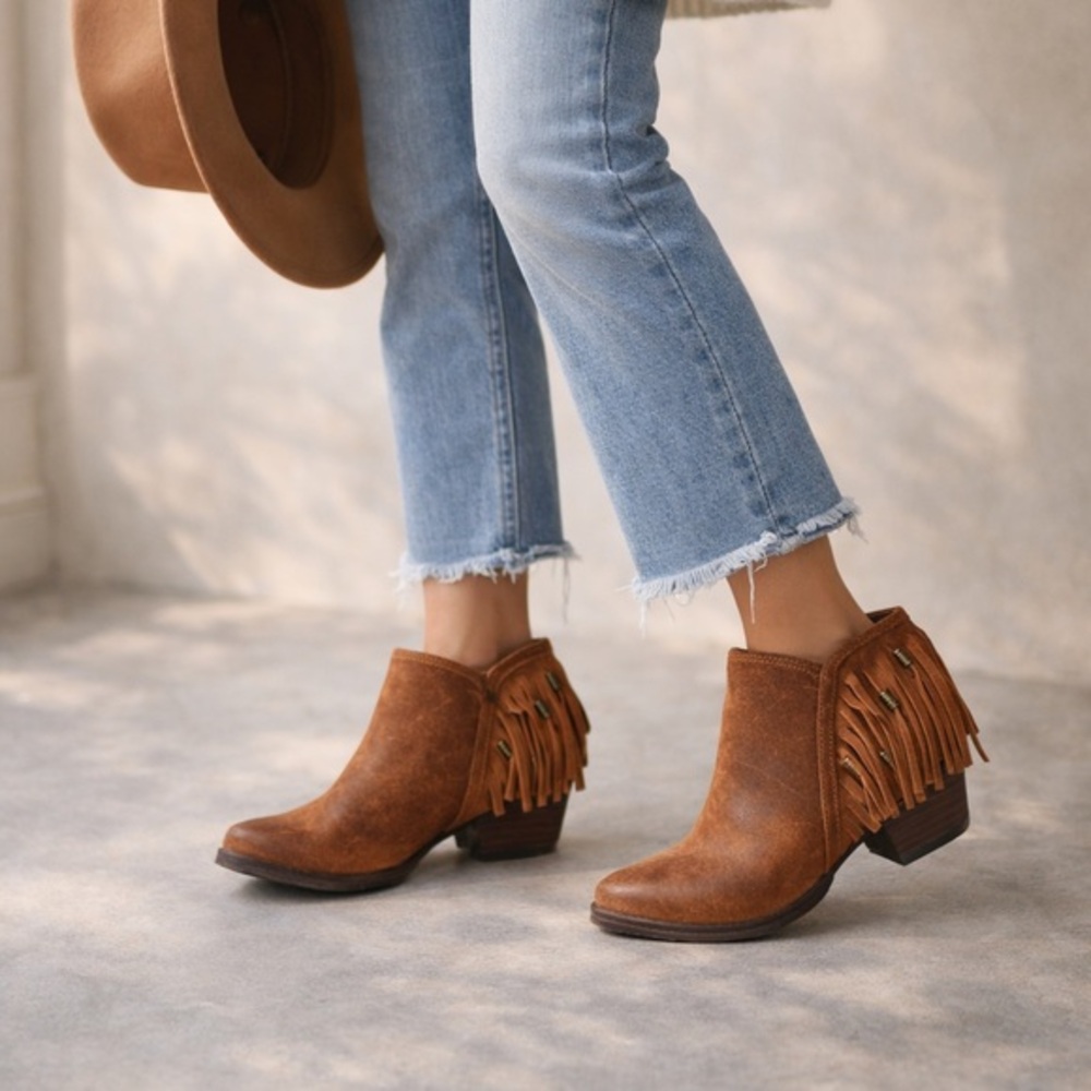 OTBT folkloric Leather Fringe Ankle Boots Western Boho Stacked Heel Coachella